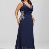 Formal & Evening | Trumpet/Mermaid V-Neck Sweep Train Stretch Crepe Evening Dress With Pleated Appliques Lace Dark Navy – Womens