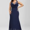 Formal & Evening | Trumpet/Mermaid V-Neck Sweep Train Stretch Crepe Evening Dress With Pleated Appliques Lace Dark Navy – Womens