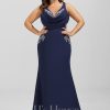 Formal & Evening | Trumpet/Mermaid V-Neck Sweep Train Stretch Crepe Evening Dress With Pleated Appliques Lace Dark Navy – Womens