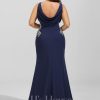 Formal & Evening | Trumpet/Mermaid V-Neck Sweep Train Stretch Crepe Evening Dress With Pleated Appliques Lace Dark Navy – Womens