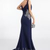 Formal & Evening | Trumpet/Mermaid V-Neck Sweep Train Stretch Crepe Evening Dress With Pleated Appliques Lace Dark Navy – Womens