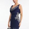 Formal & Evening | Trumpet/Mermaid V-Neck Sweep Train Stretch Crepe Evening Dress With Pleated Appliques Lace Dark Navy – Womens