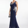 Formal & Evening | Trumpet/Mermaid V-Neck Sweep Train Stretch Crepe Evening Dress With Pleated Appliques Lace Dark Navy – Womens