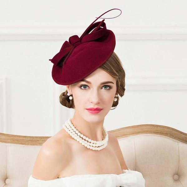 Hats | Elegant Wool Wedding/Cocktail/Ladies Day Saucer Hats/Fascinators With Headband Burgundy – Girls