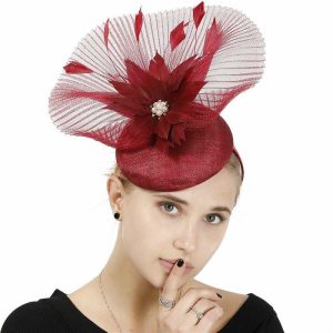 Hats | Women’s Sinamay Flower Faux Feather Kentucky Derby Pillbox Hats Fascinators With Headband Burgundy – Girls