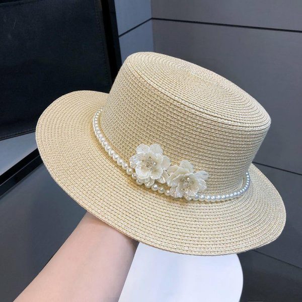 Hats | Women’s Summer Straw Flower Pearl Holiday Sun Boater Hats Beige – Girls