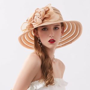 Hats | Women’s Wide Brim Acrylic Fabric With Flower Kentucky Derby Church Hats Khaki – Girls