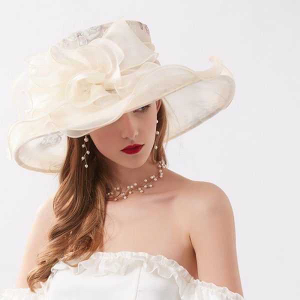 Hats | Women’s Wide Brim Lace/Organza With Flower/Rhinestone Kentucky Derby Church Hats Beige – Girls