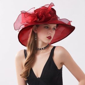 Hats | Women’s Wide Brim Organza With Flower Kentucky Derby Church Hats Burgundy – Girls