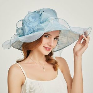 Hats | Women’s Wide Brim Organza With Flower Kentucky Derby Church Hats Light Blue – Girls