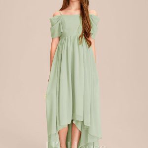 Junior Bridesmaid Dresses | A-line Cold Shoulder Asymmetrical Chiffon Junior Bridesmaid Dress Celadon – Girls