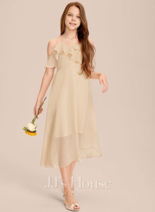 Junior Bridesmaid Dresses | A-line Cold Shoulder Asymmetrical Chiffon Junior Bridesmaid Dress Champagne – Girls