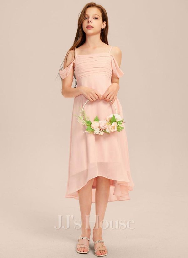 Junior Bridesmaid Dresses | A-line Cold Shoulder Asymmetrical Chiffon Junior Bridesmaid Dress Pearl Pink – Girls