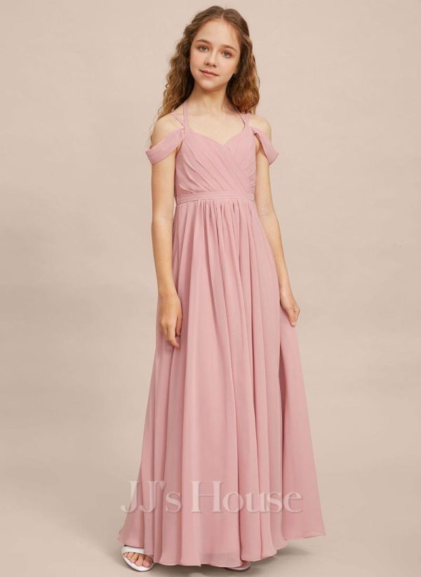 Junior Bridesmaid Dresses | A-line Cold Shoulder Floor-Length Chiffon Junior Bridesmaid Dress Blush – Girls