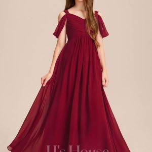 Junior Bridesmaid Dresses | A-line Cold Shoulder Floor-Length Chiffon Junior Bridesmaid Dress Burgundy – Girls