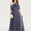 Junior Bridesmaid Dresses | A-line Cold Shoulder Halter Floor-Length Chiffon Junior Bridesmaid Dress With Cascading Ruffles Stormy – Girls