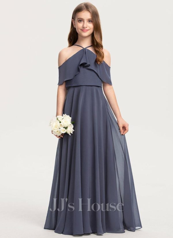 Junior Bridesmaid Dresses | A-line Cold Shoulder Halter Floor-Length Chiffon Junior Bridesmaid Dress With Cascading Ruffles Stormy – Girls