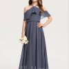 Junior Bridesmaid Dresses | A-line Cold Shoulder Halter Floor-Length Chiffon Junior Bridesmaid Dress With Cascading Ruffles Stormy – Girls