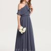 Junior Bridesmaid Dresses | A-line Cold Shoulder Halter Floor-Length Chiffon Junior Bridesmaid Dress With Cascading Ruffles Stormy – Girls