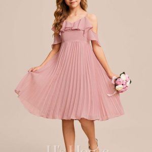 Junior Bridesmaid Dresses | A-line Cold Shoulder Knee-Length Chiffon Junior Bridesmaid Dress Blush – Girls