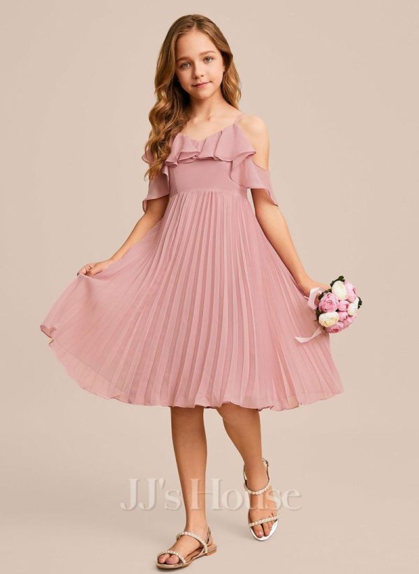 Junior Bridesmaid Dresses | A-line Cold Shoulder Knee-Length Chiffon Junior Bridesmaid Dress Blush – Girls