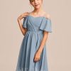 Junior Bridesmaid Dresses | A-line Cold Shoulder Knee-Length Chiffon Junior Bridesmaid Dress Dusty Blue – Girls