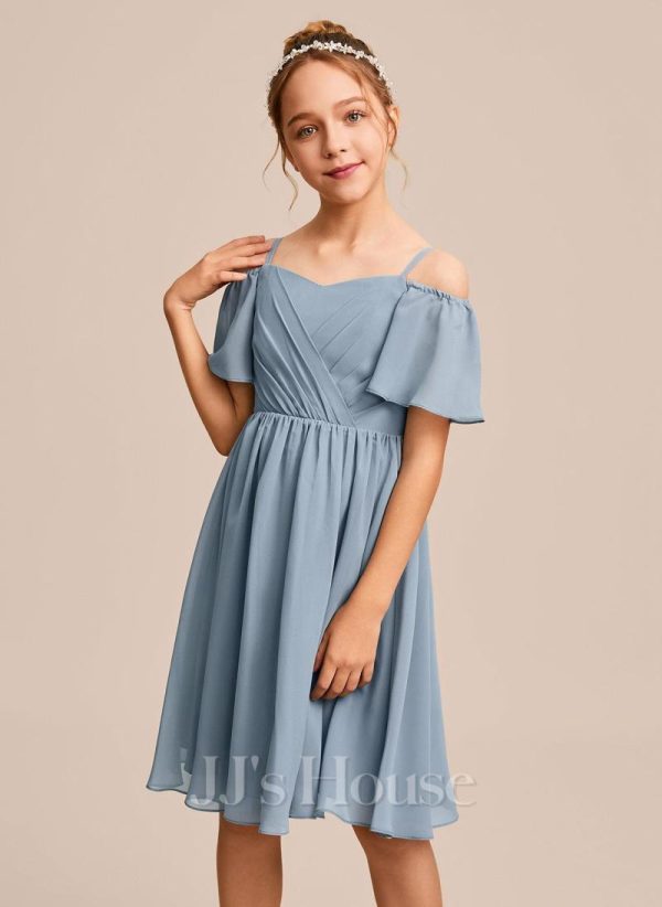 Junior Bridesmaid Dresses | A-line Cold Shoulder Knee-Length Chiffon Junior Bridesmaid Dress Dusty Blue – Girls