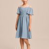 Junior Bridesmaid Dresses | A-line Cold Shoulder Knee-Length Chiffon Junior Bridesmaid Dress Dusty Blue – Girls