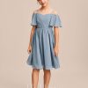 Junior Bridesmaid Dresses | A-line Cold Shoulder Knee-Length Chiffon Junior Bridesmaid Dress Dusty Blue – Girls