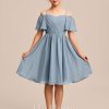 Junior Bridesmaid Dresses | A-line Cold Shoulder Knee-Length Chiffon Junior Bridesmaid Dress Dusty Blue – Girls