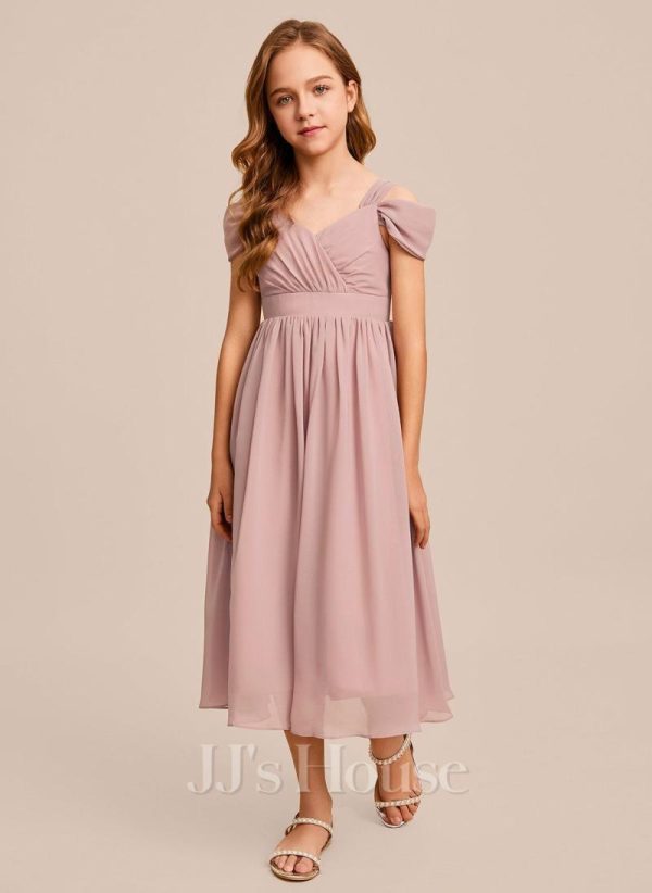 Junior Bridesmaid Dresses | A-line Cold Shoulder Tea-Length Chiffon Junior Bridesmaid Dress Dusty Rose – Girls