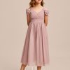 Junior Bridesmaid Dresses | A-line Cold Shoulder Tea-Length Chiffon Junior Bridesmaid Dress Dusty Rose – Girls