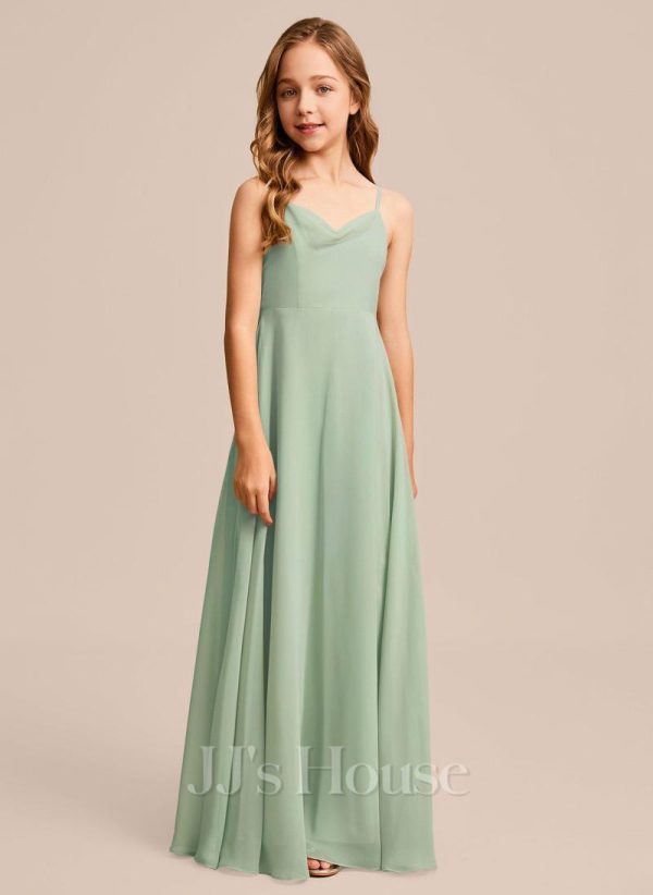 Junior Bridesmaid Dresses | A-line Cowl Floor-Length Chiffon Junior Bridesmaid Dress Celadon – Girls