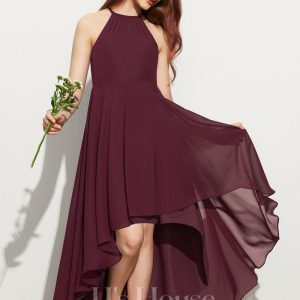 Junior Bridesmaid Dresses | A-line Halter Asymmetrical Chiffon Junior Bridesmaid Dress Cabernet – Girls