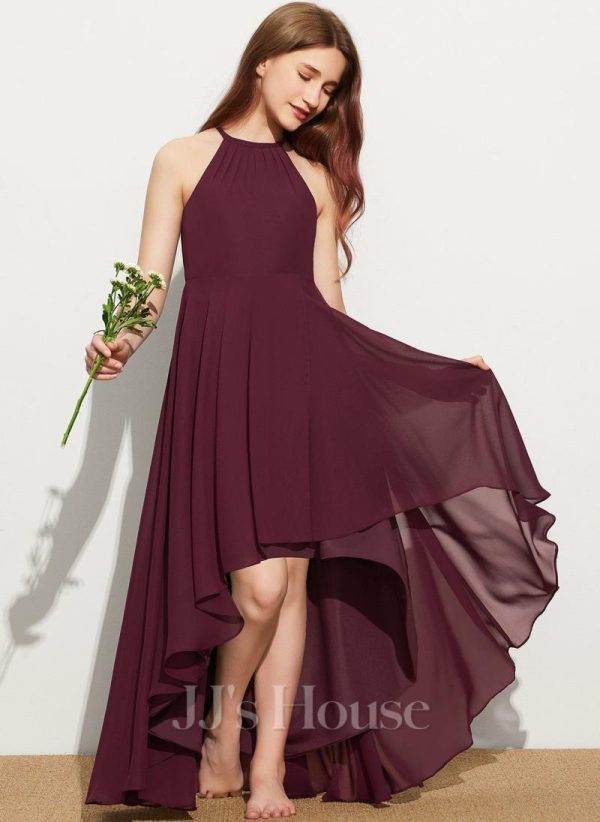 Junior Bridesmaid Dresses | A-line Halter Asymmetrical Chiffon Junior Bridesmaid Dress Cabernet – Girls