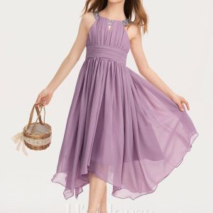 Junior Bridesmaid Dresses | A-line Halter Asymmetrical Chiffon Junior Bridesmaid Dress With Beading Wisteria – Girls