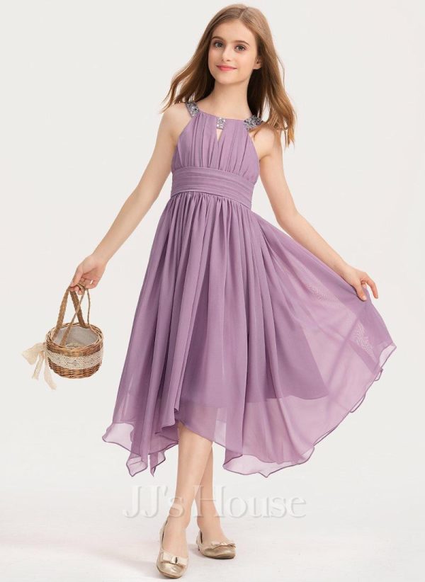 Junior Bridesmaid Dresses | A-line Halter Asymmetrical Chiffon Junior Bridesmaid Dress With Beading Wisteria – Girls