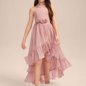 Junior Bridesmaid Dresses | A-line Halter Asymmetrical Chiffon Junior Bridesmaid Dress With Flower Cascading Ruffles Blush – Girls