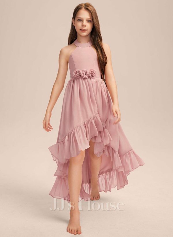 Junior Bridesmaid Dresses | A-line Halter Asymmetrical Chiffon Junior Bridesmaid Dress With Flower Cascading Ruffles Blush – Girls