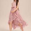 Junior Bridesmaid Dresses | A-line Halter Asymmetrical Chiffon Junior Bridesmaid Dress With Flower Cascading Ruffles Blush – Girls