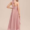 Junior Bridesmaid Dresses | A-line Halter Asymmetrical Chiffon Junior Bridesmaid Dress With Flower Cascading Ruffles Blush – Girls