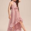 Junior Bridesmaid Dresses | A-line Halter Asymmetrical Chiffon Junior Bridesmaid Dress With Flower Cascading Ruffles Blush – Girls