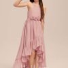 Junior Bridesmaid Dresses | A-line Halter Asymmetrical Chiffon Junior Bridesmaid Dress With Flower Cascading Ruffles Blush – Girls