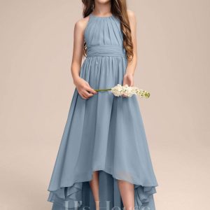 Junior Bridesmaid Dresses | A-line Halter Asymmetrical Chiffon Junior Bridesmaid Dress With Pleated Dusty Blue – Girls