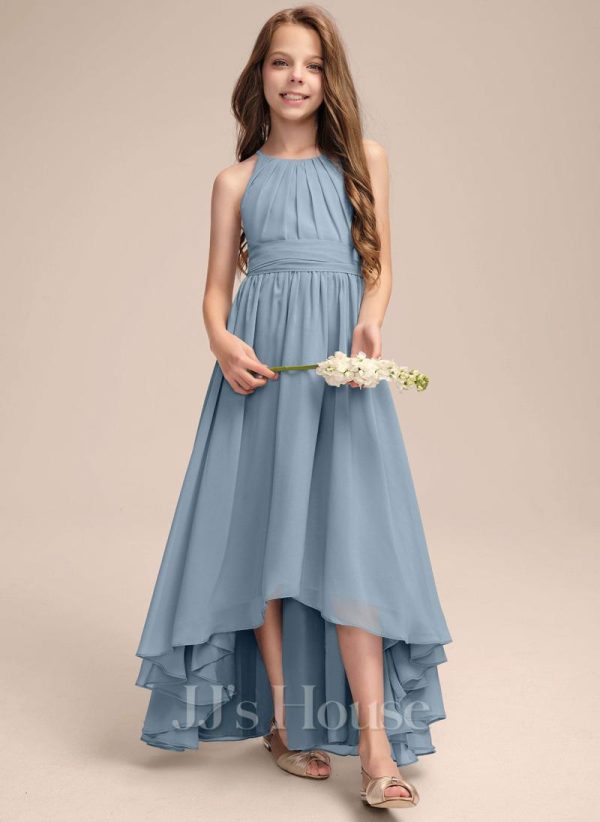 Junior Bridesmaid Dresses | A-line Halter Asymmetrical Chiffon Junior Bridesmaid Dress With Pleated Dusty Blue – Girls