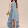 Junior Bridesmaid Dresses | A-line Halter Asymmetrical Chiffon Junior Bridesmaid Dress With Pleated Dusty Blue – Girls