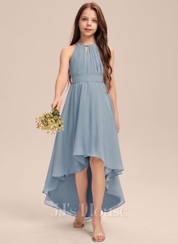 Junior Bridesmaid Dresses | A-line Halter Asymmetrical Chiffon Junior Bridesmaid Dress With Pleated Dusty Blue – Girls