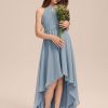 Junior Bridesmaid Dresses | A-line Halter Asymmetrical Chiffon Junior Bridesmaid Dress With Pleated Dusty Blue – Girls