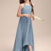 Junior Bridesmaid Dresses | A-line Halter Asymmetrical Chiffon Junior Bridesmaid Dress With Pleated Dusty Blue – Girls