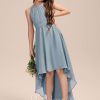 Junior Bridesmaid Dresses | A-line Halter Asymmetrical Chiffon Junior Bridesmaid Dress With Pleated Dusty Blue – Girls